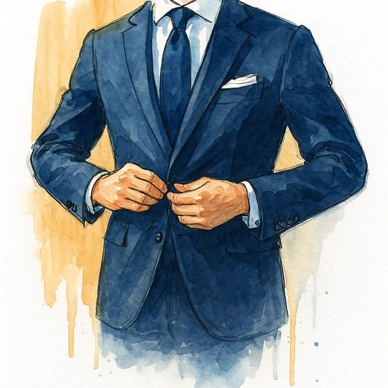 Close view of a man's hands fastening his navy jacket, a white pocket square at the chest, watercolour