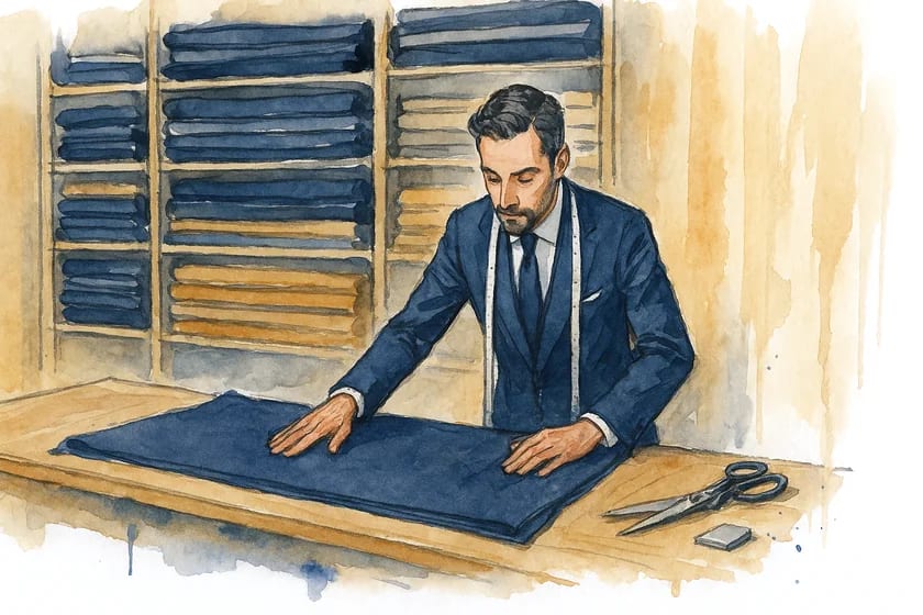 Un maître tailleur devant le mur de tissus de l'atelier, en aquarelle