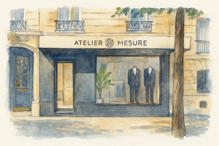 The Atelier Mesure boutique, 44 boulevard de la Tour-Maubourg, watercolour illustration