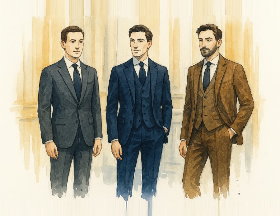 Trois coupes de costume d'hiver : deux-pièces en flanelle, trois-pièces en flanelle avec gilet, et costume en tweed