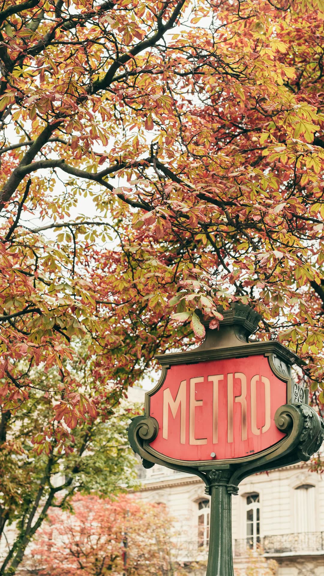 Panneau Métro parisien sous les feuillages d'automne