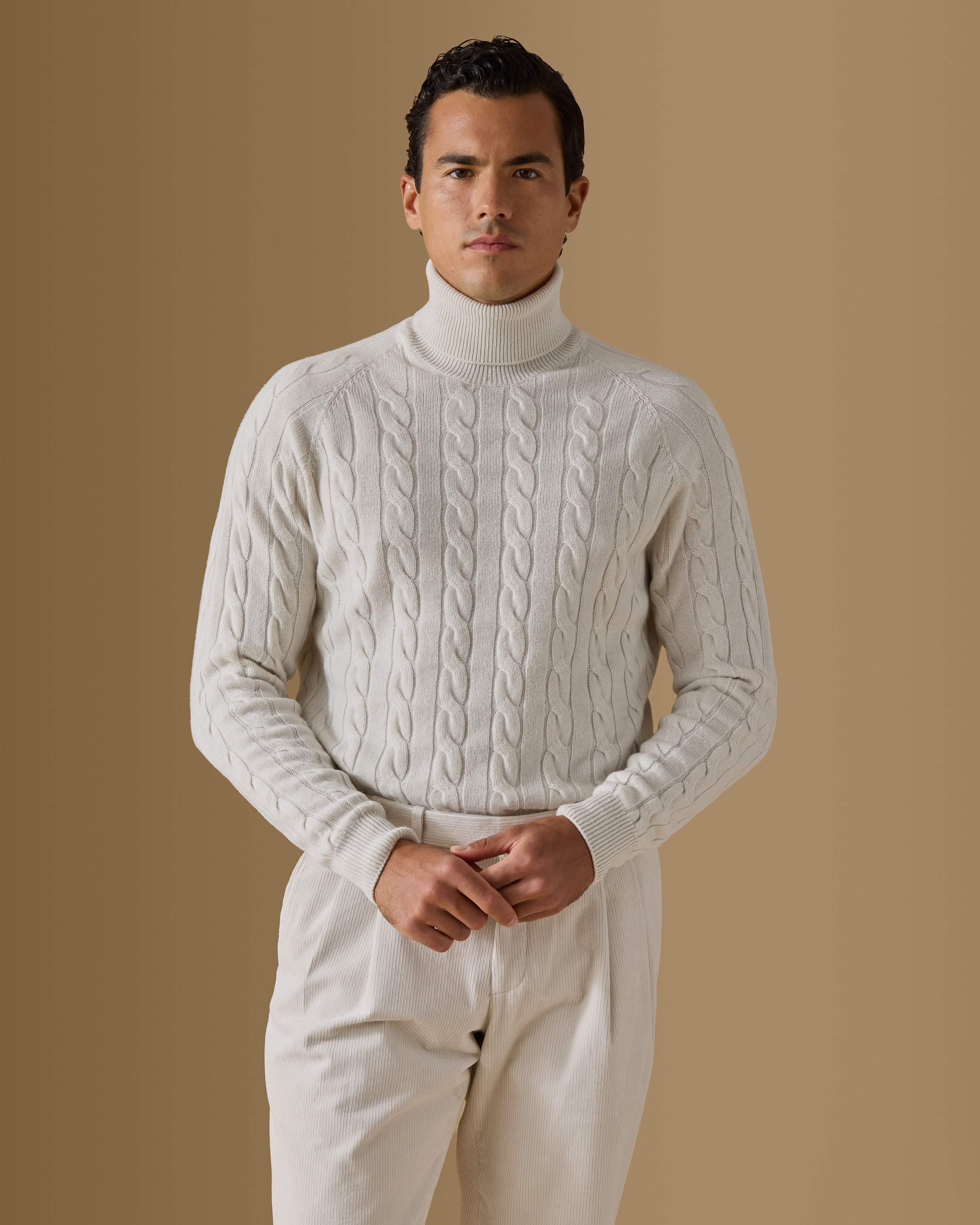 Greige-Cashmere-Turtle-Neck-Cable-Knit-MKC1043-custom-knitwear, view 2 - Atelier Munro