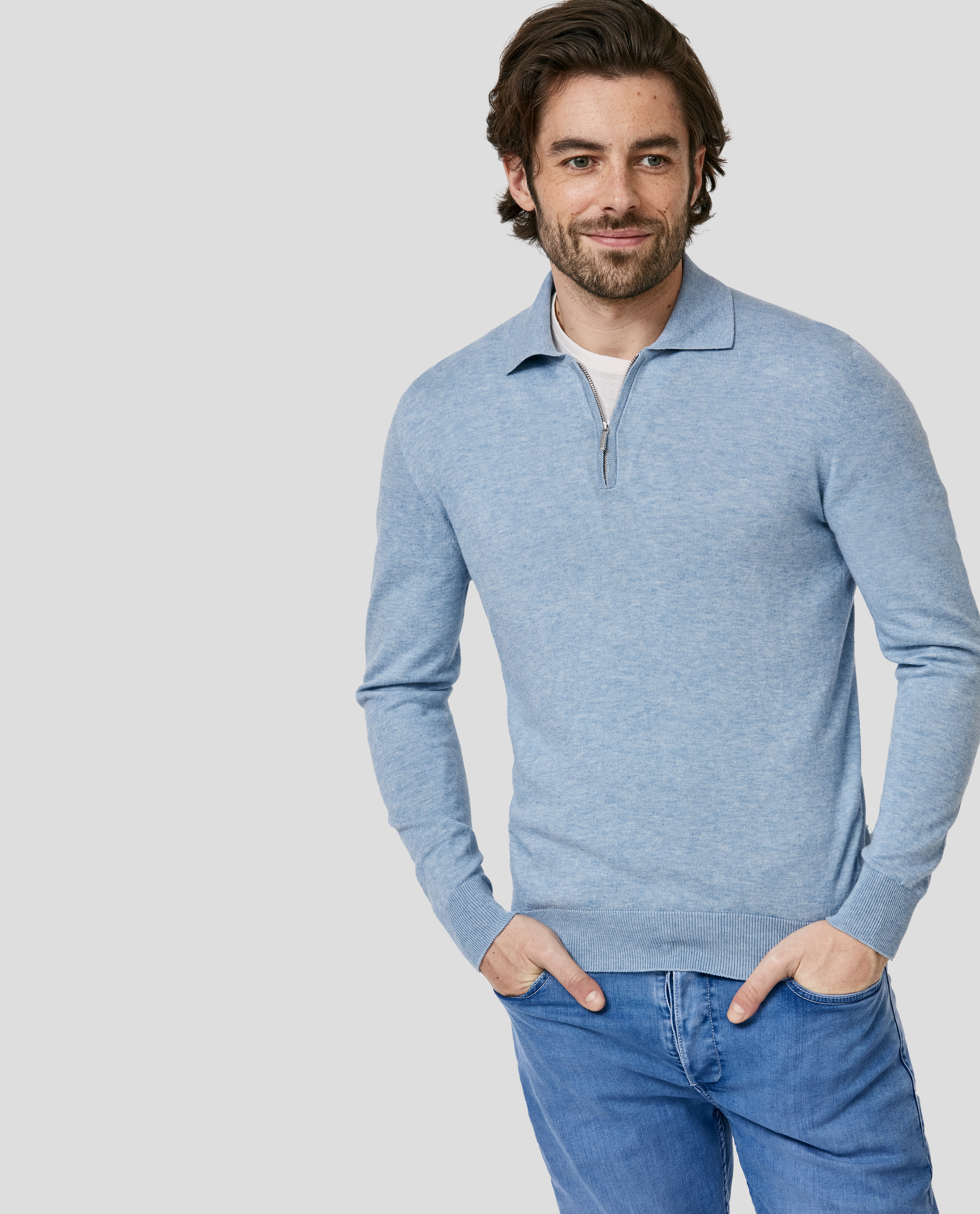 Light-Denim-Blue-Cotton-Cashmere-Polo-Shirt-MKC1114-custom-knitwear, view 0 - Atelier Munro