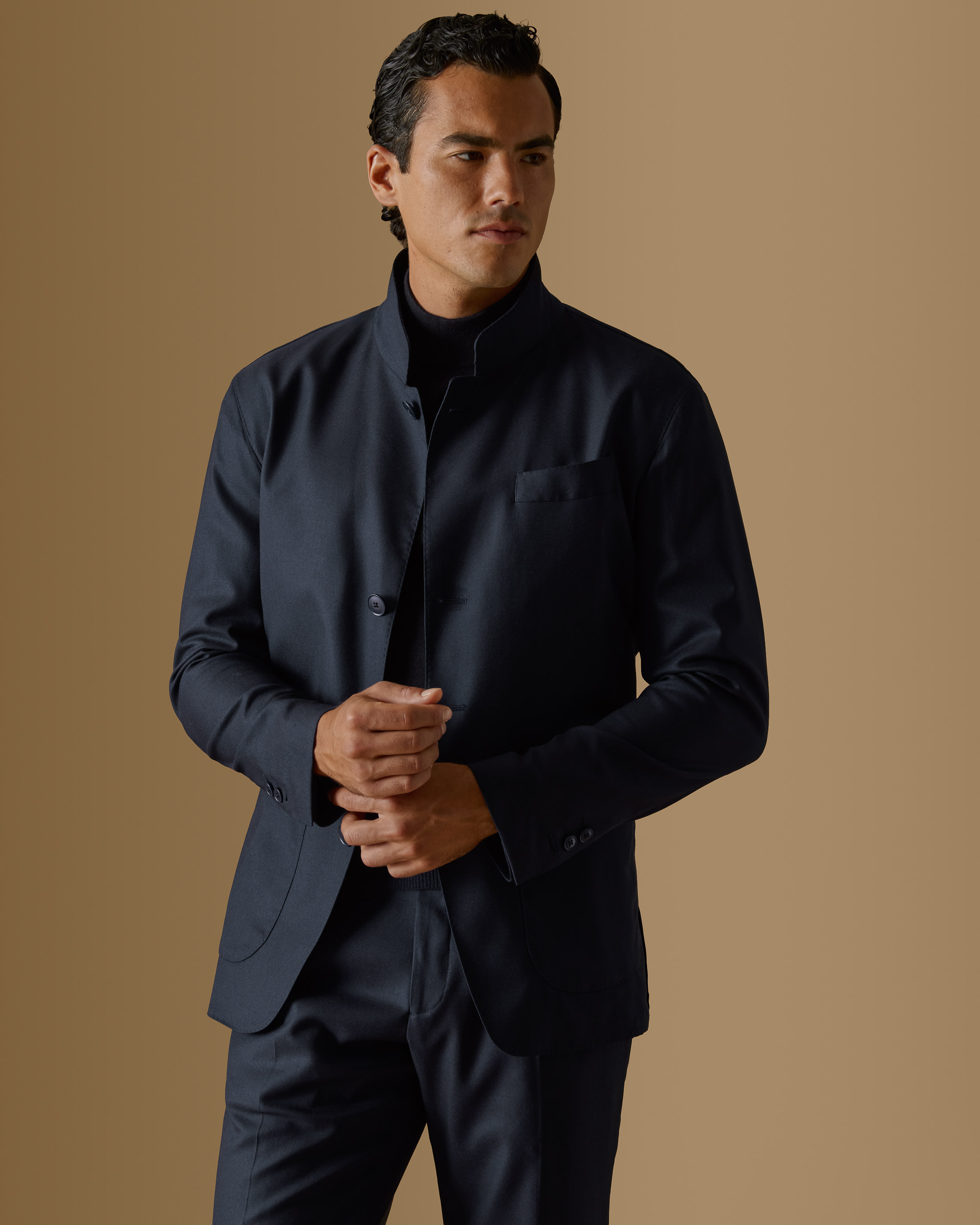 Navy-Stretch-Wool-Blend-Lightweight-Nehru-Suit-EF049-custom-jackets, view 1 - Atelier Munro