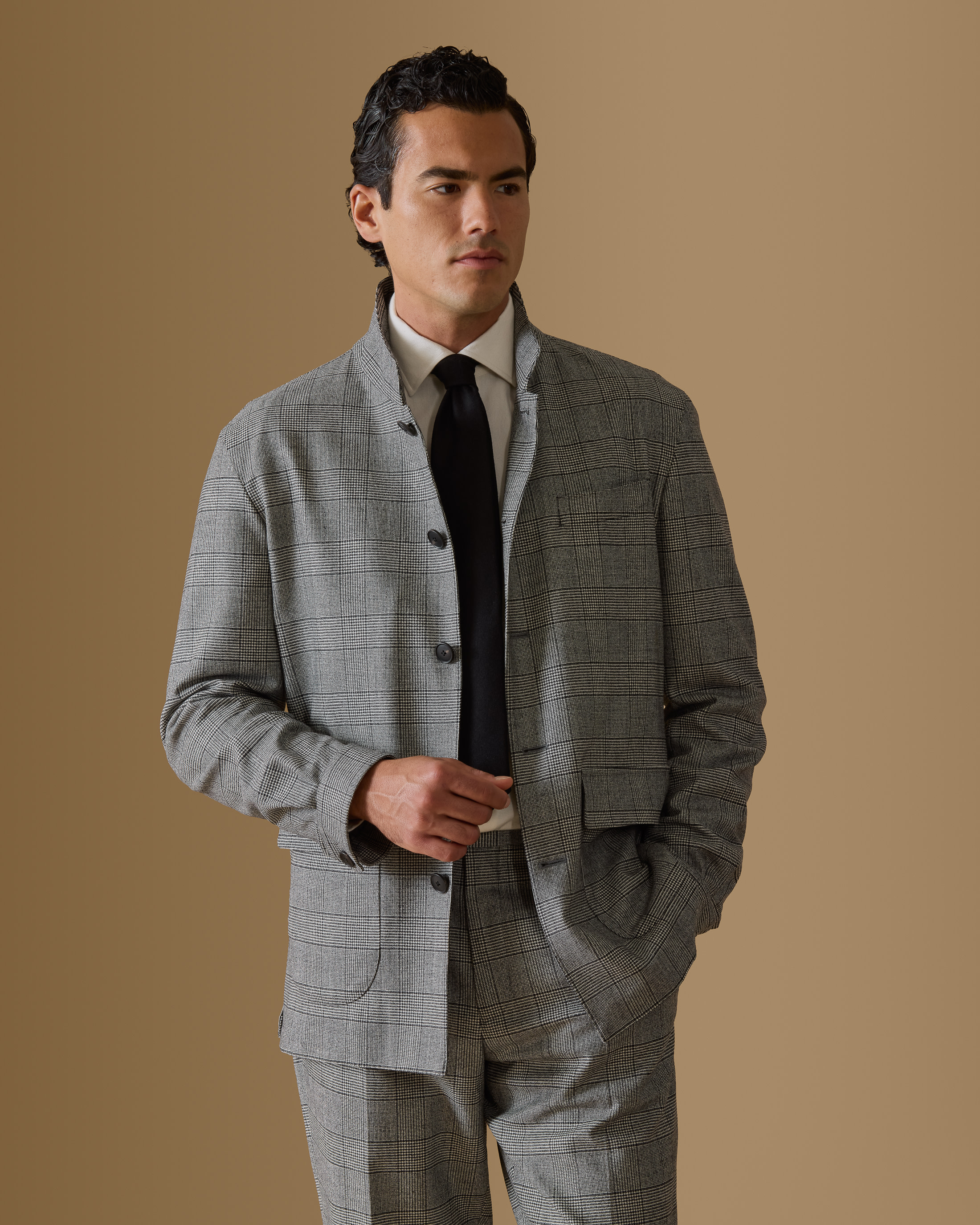 Black-White-Glen-Plaid-Lightweight-Nehru-Suit-MS1009-custom-jackets, view 2 - Atelier Munro