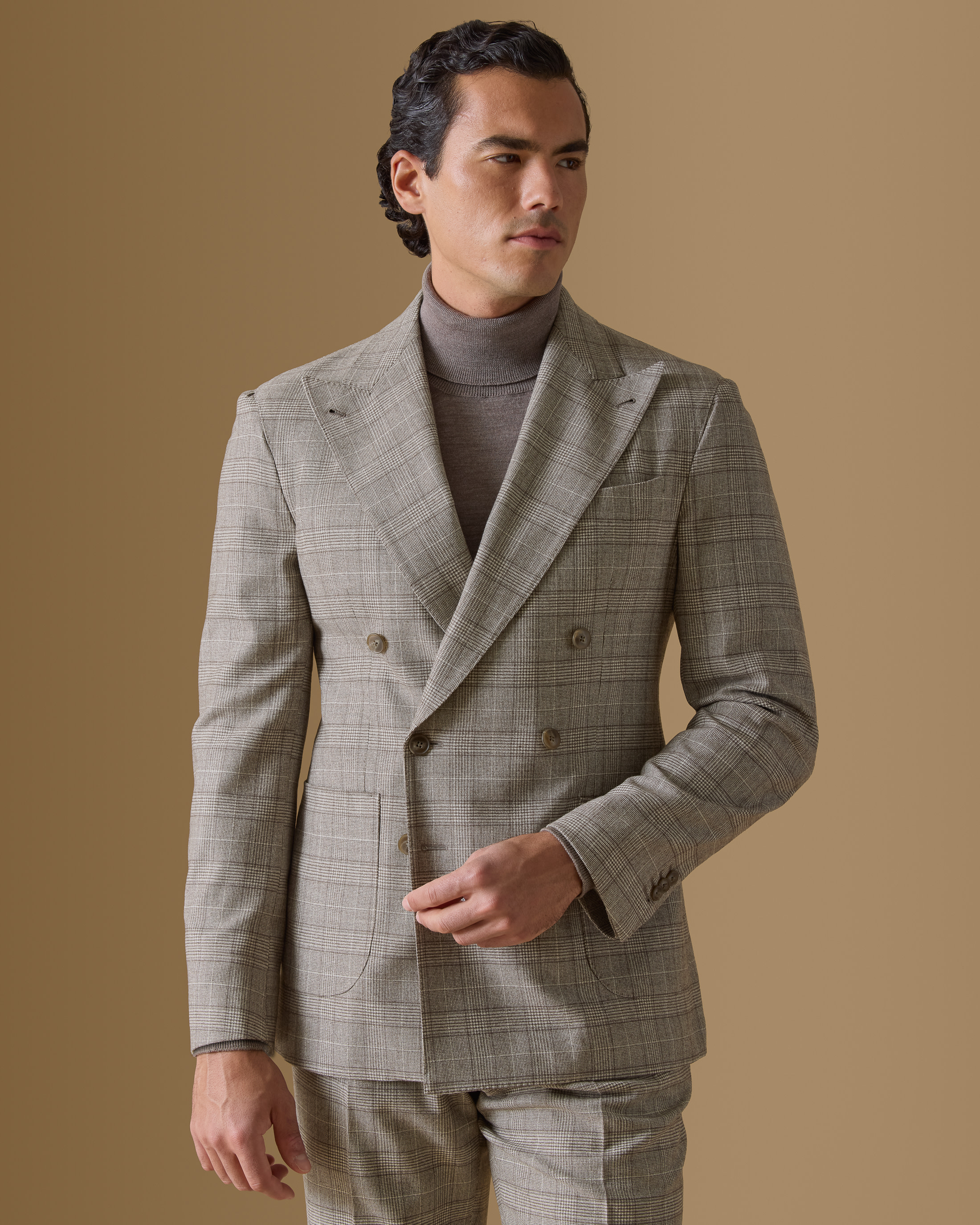 Ivory-Taupe-Wool-Glen-Plaid-Double-Breasted-Suit-MS0992-custom-suits, view 3 - Atelier Munro