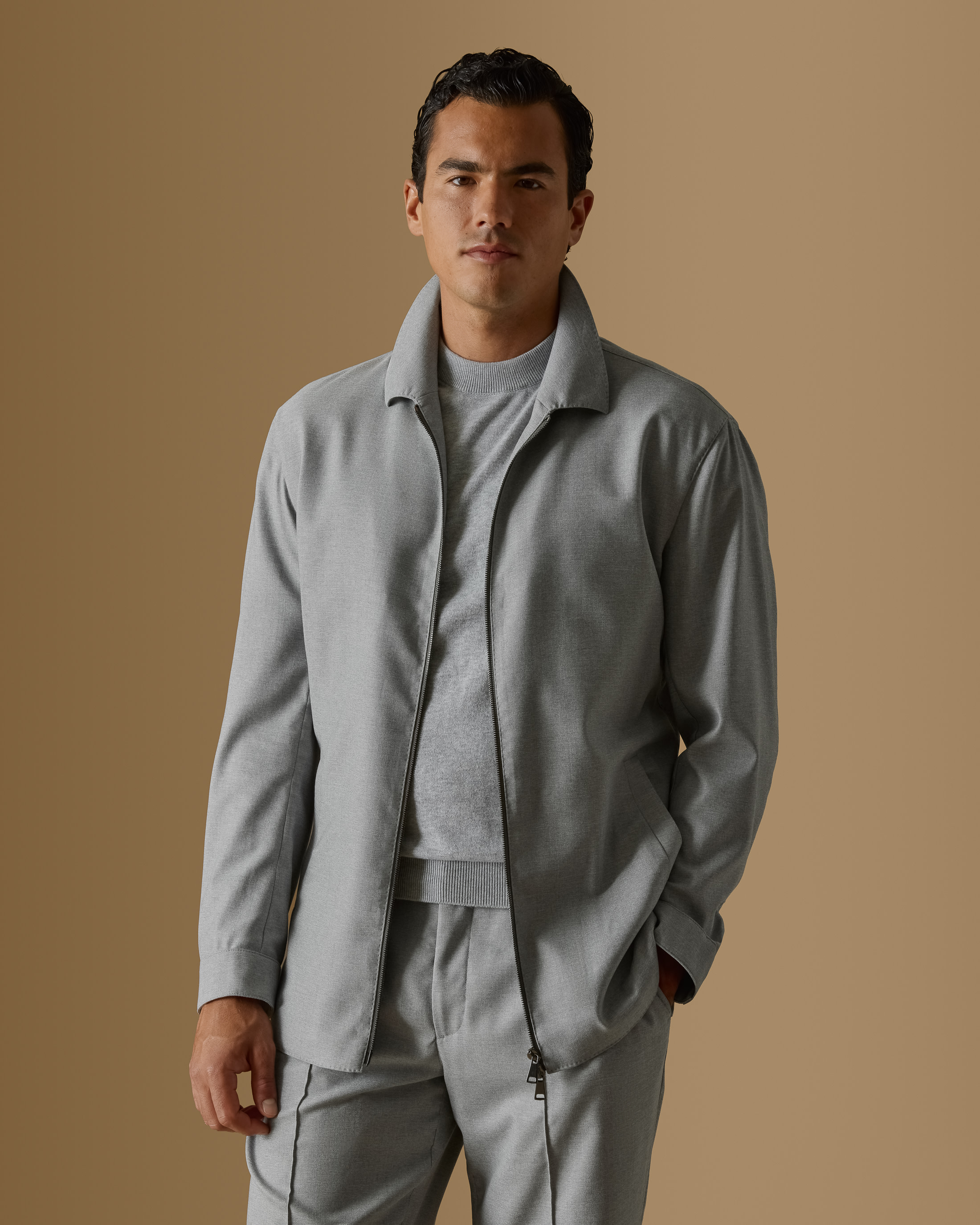 Light-Gray-Stretch-Wool-Blend-Track-Suit-EF047-custom-jackets, view 3 - Atelier Munro