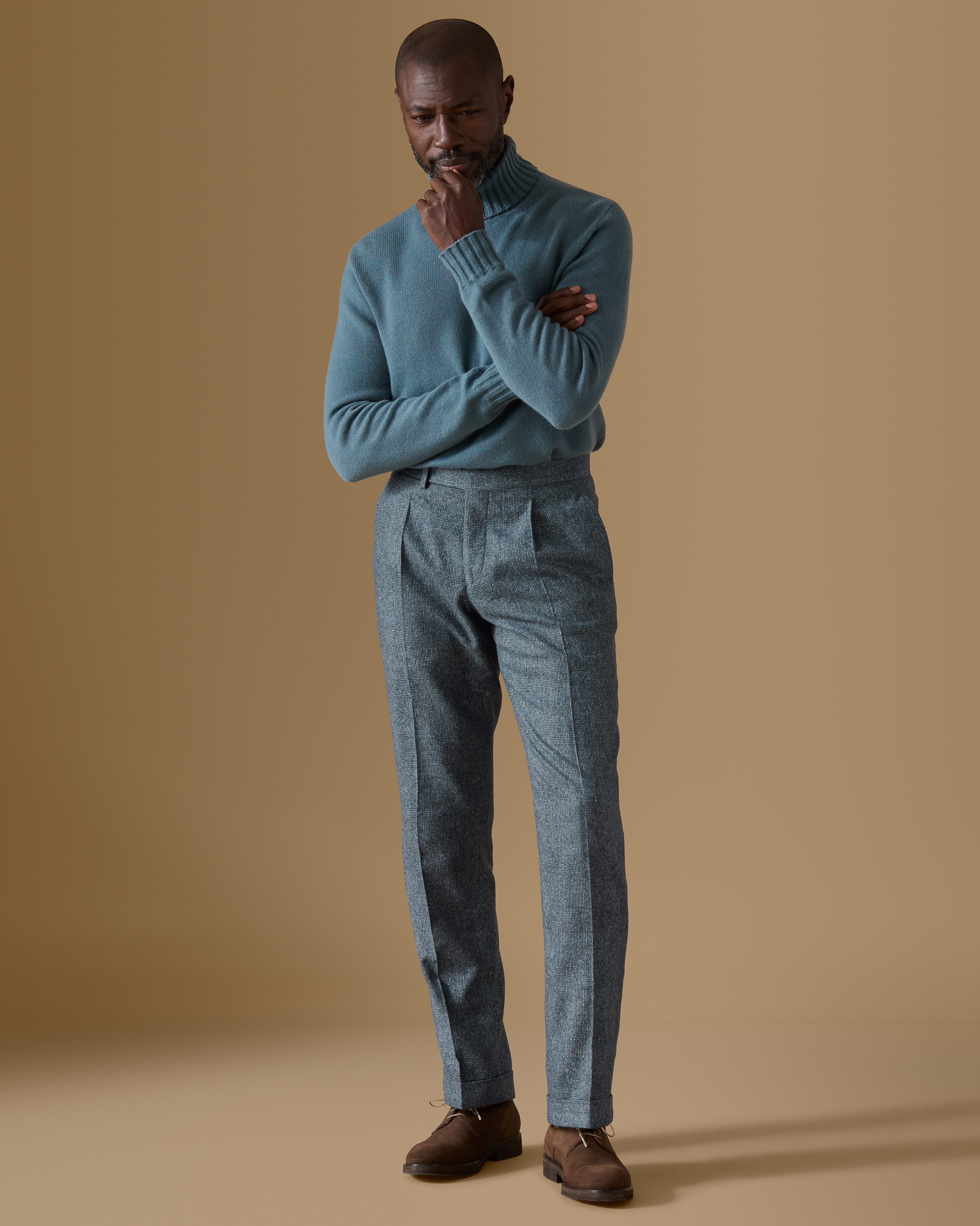 Teal-Blue-Cashmere-Turtle-Neck-Knit-MKL1276-custom-knitwear, view 1 - Atelier Munro
