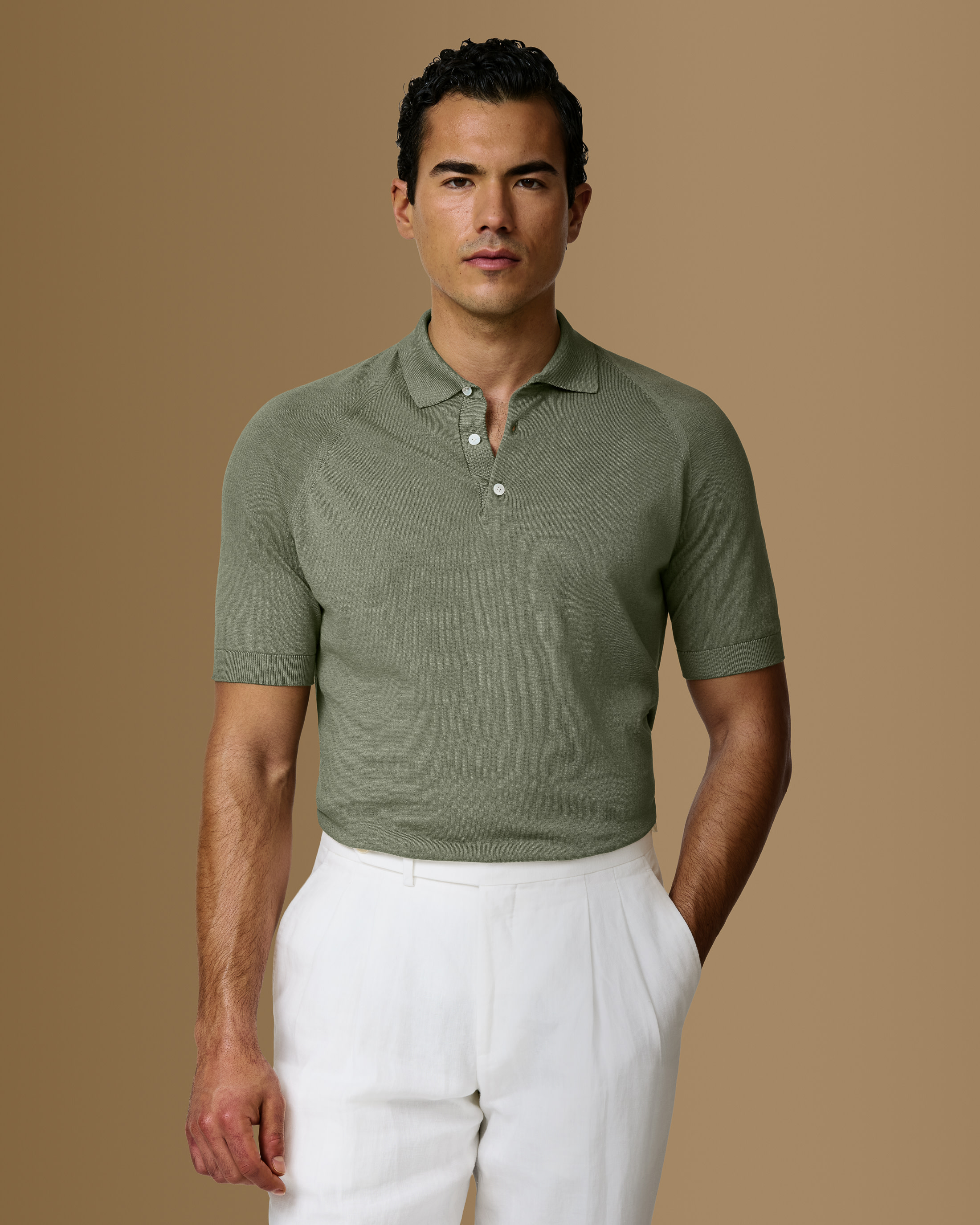 Light-Slate-Green-Cotton-Silk-Polo-Knit-MKC1271-custom-knitwear, view 0 - Atelier Munro