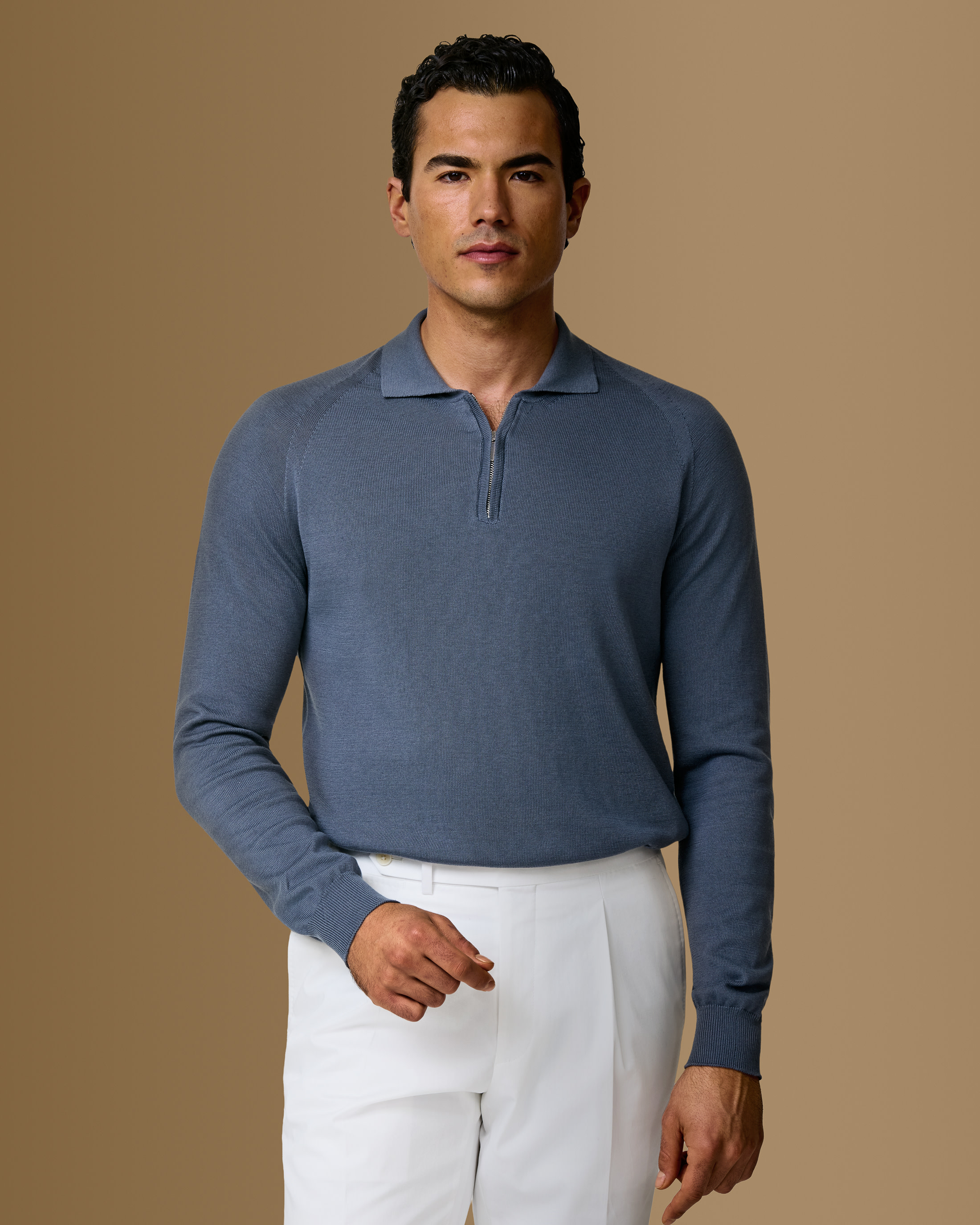 Slate-Blue-Cotton-Silk-Polo-Knit-MKC1257-custom-knitwear, view 0 - Atelier Munro