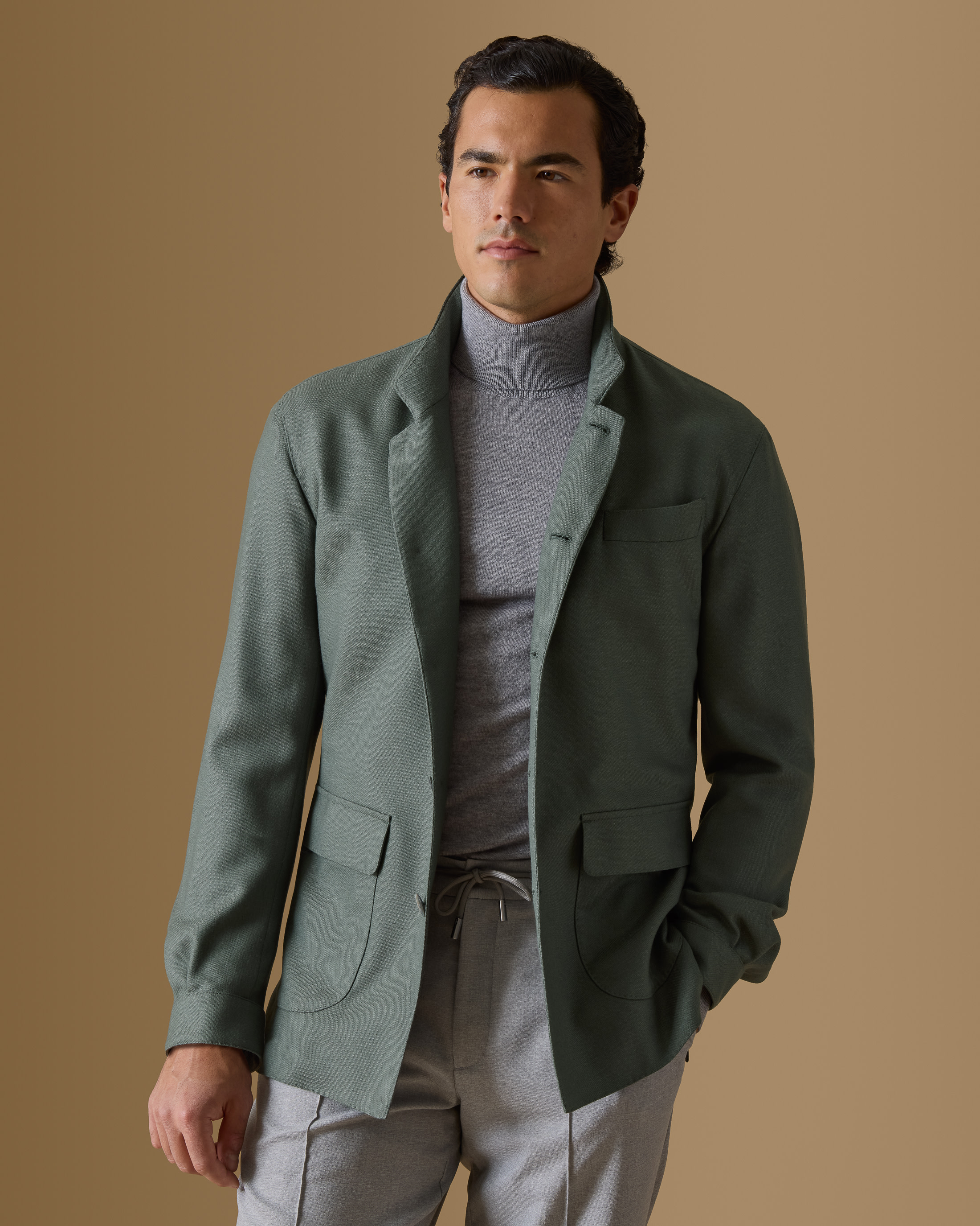 Dark-Sage-Wool-Silk-Panama-Nehru-Jacket-MJ0784-custom-jackets, view 1 - Atelier Munro