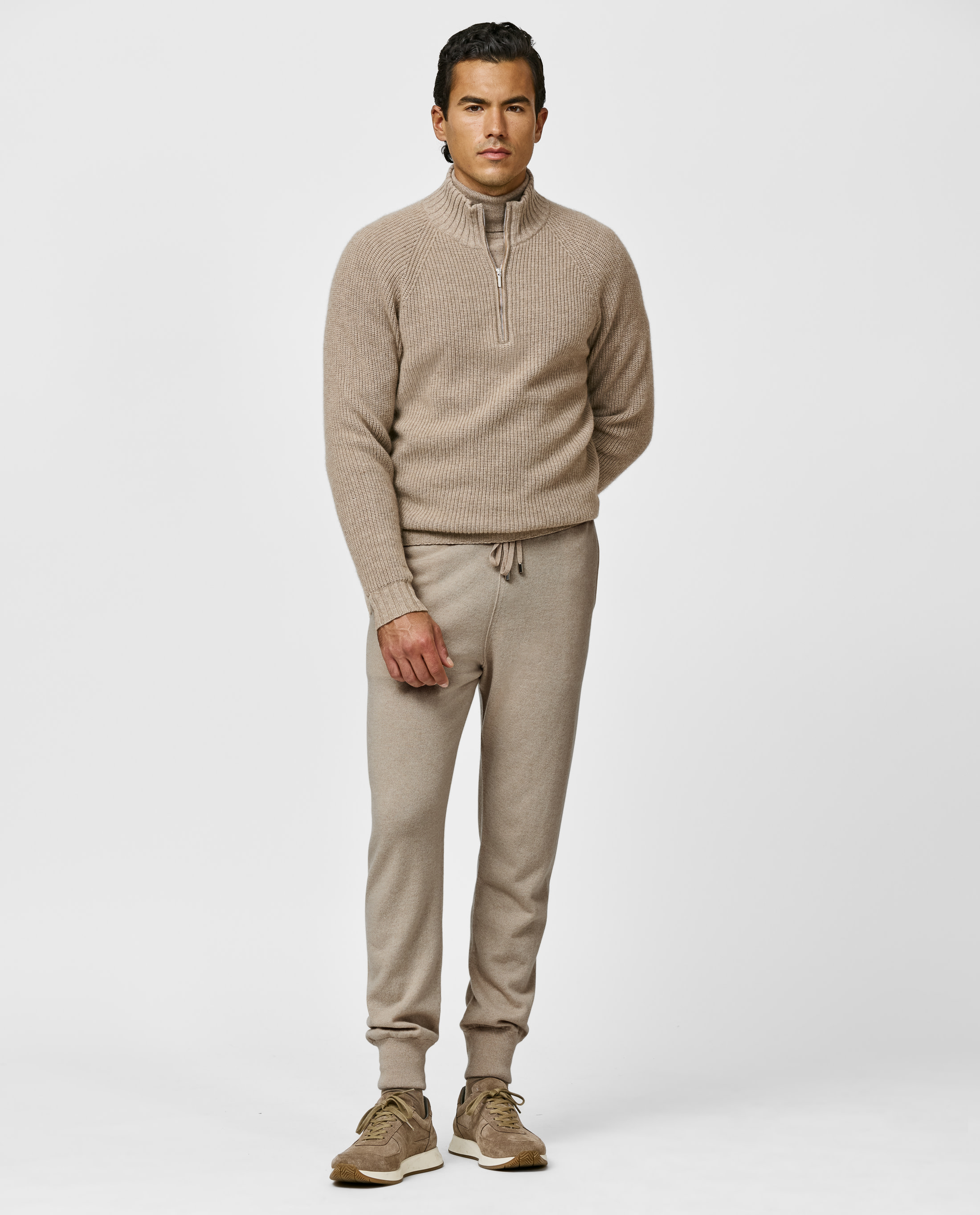 Desert-Beige-Cashmere-Half-Zip-Knit-MKC1177-custom-knitwear, view 1 - Atelier Munro