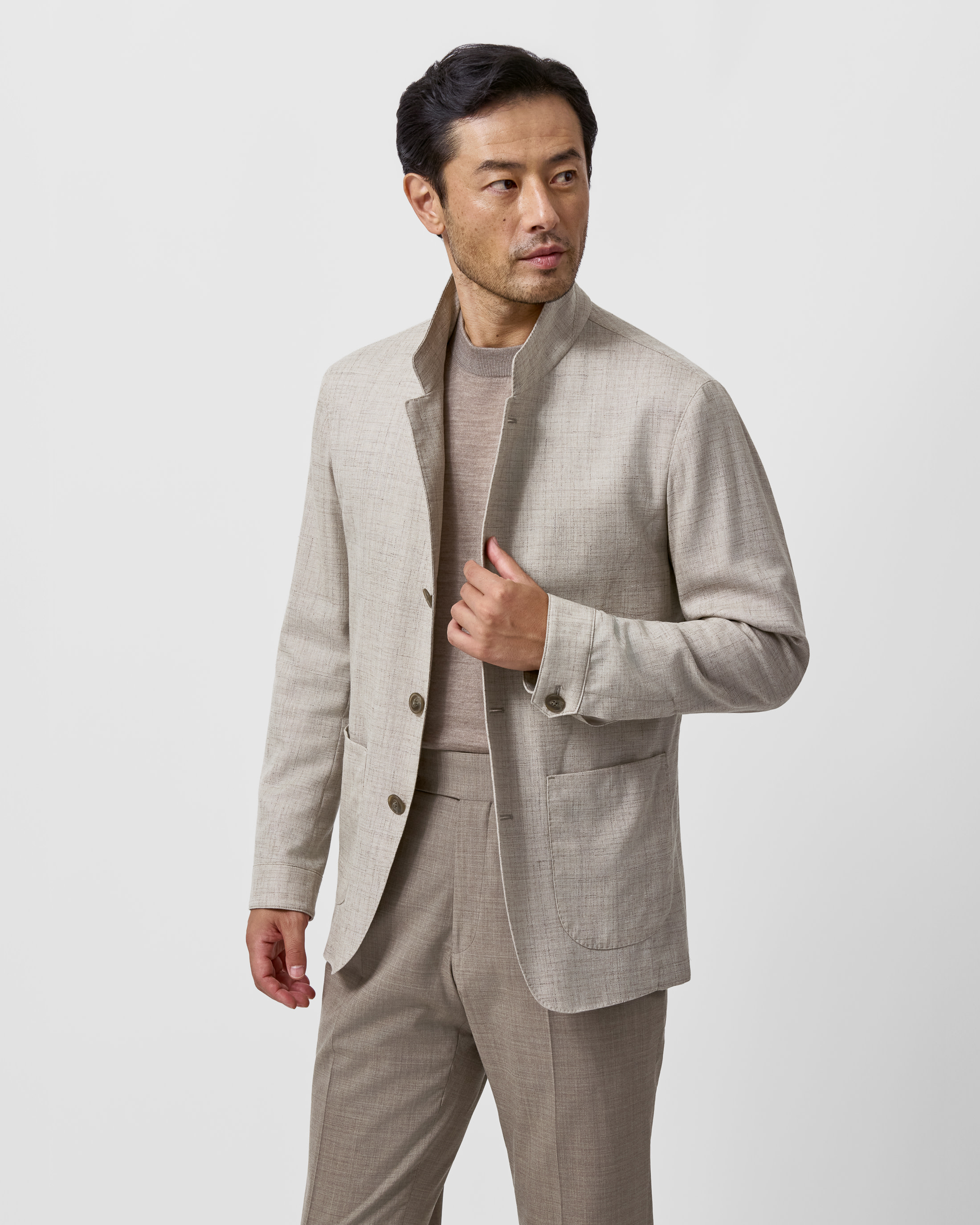sand-stretch-wool-silk-linen-lightweight-nehru-jacket-ef038-custom-jackets, view 2 - Atelier Munro