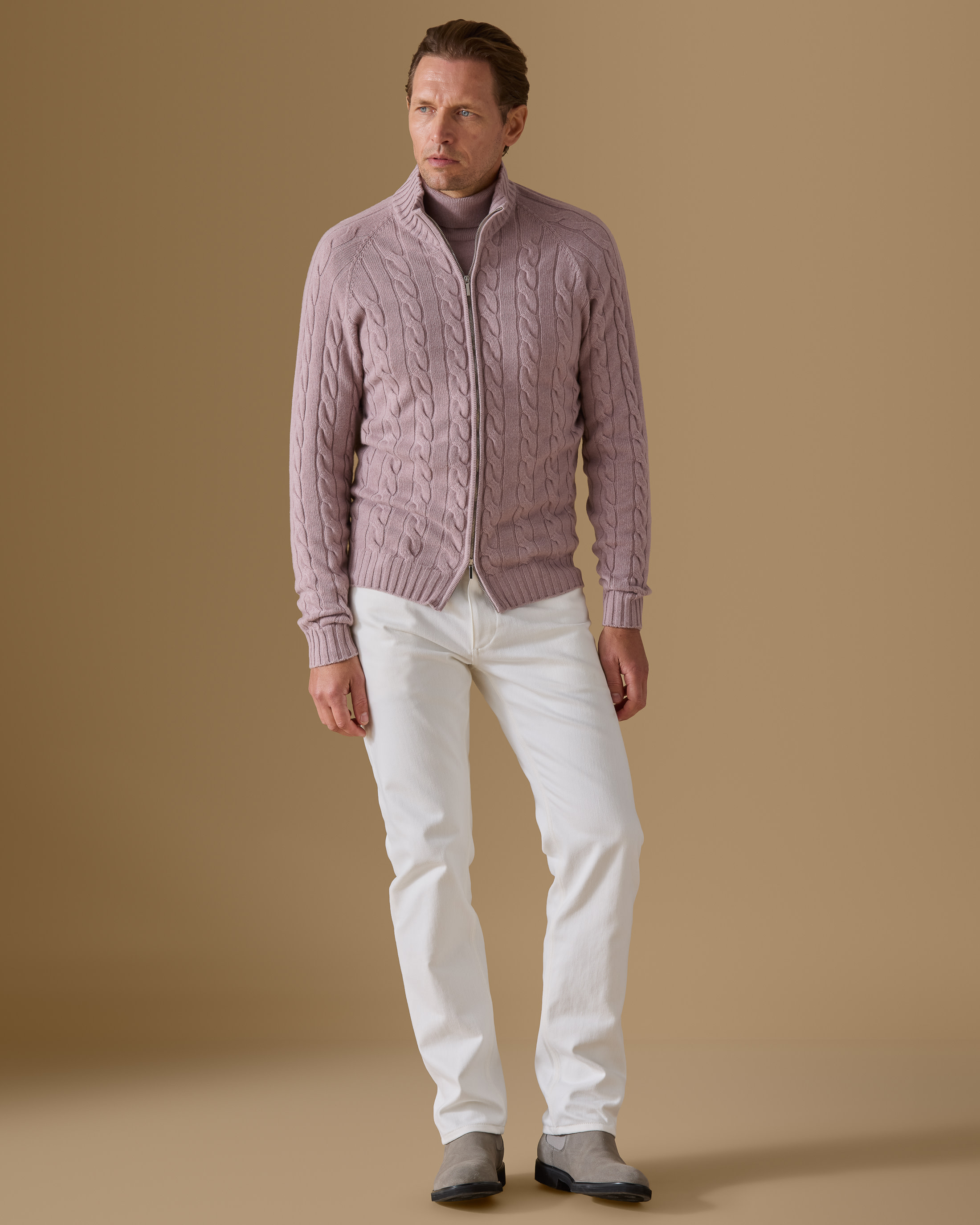 Ash-Pink-Cashmere-Full-Zip-Knit-MKL1275-custom-knitwear, view 1 - Atelier Munro