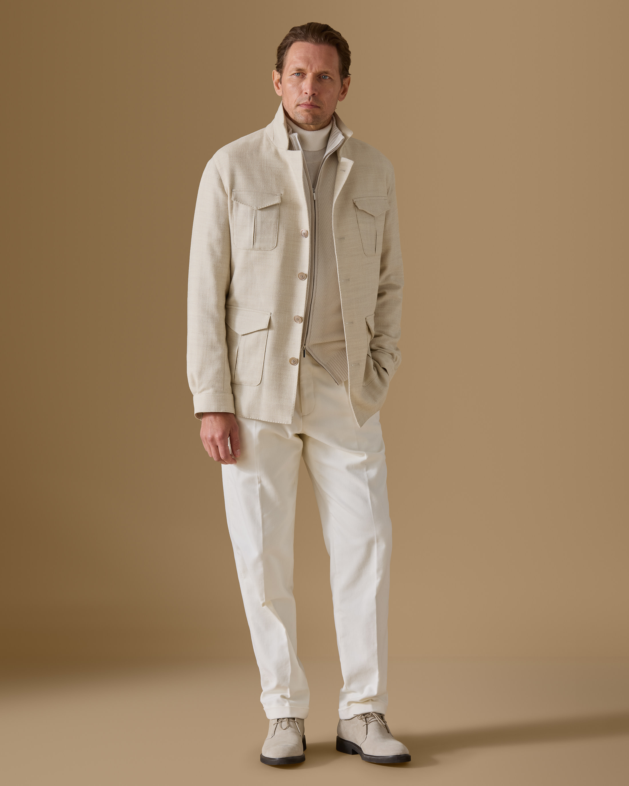 Ivory-Wool-Silk-Herringbone-Safari-Jacket-MJ0760-custom-jackets, view 2 - Atelier Munro