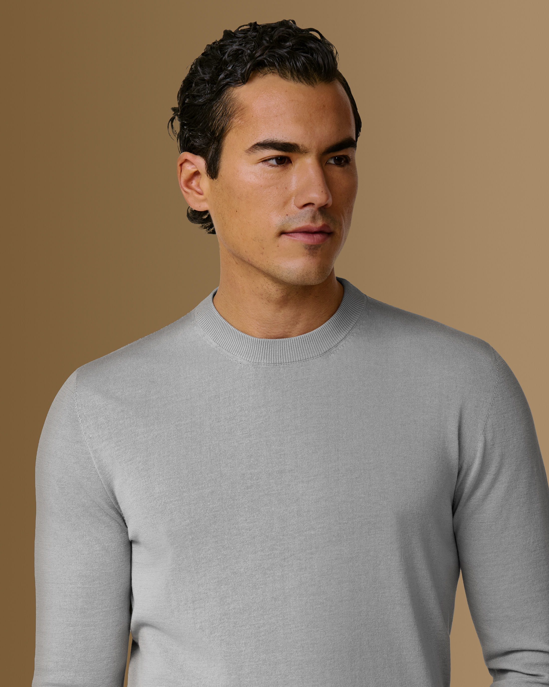 Greige-Cotton-Silk-Crew-Neck-Knit-MKC1267-custom-knitwear, view 1 - Atelier Munro