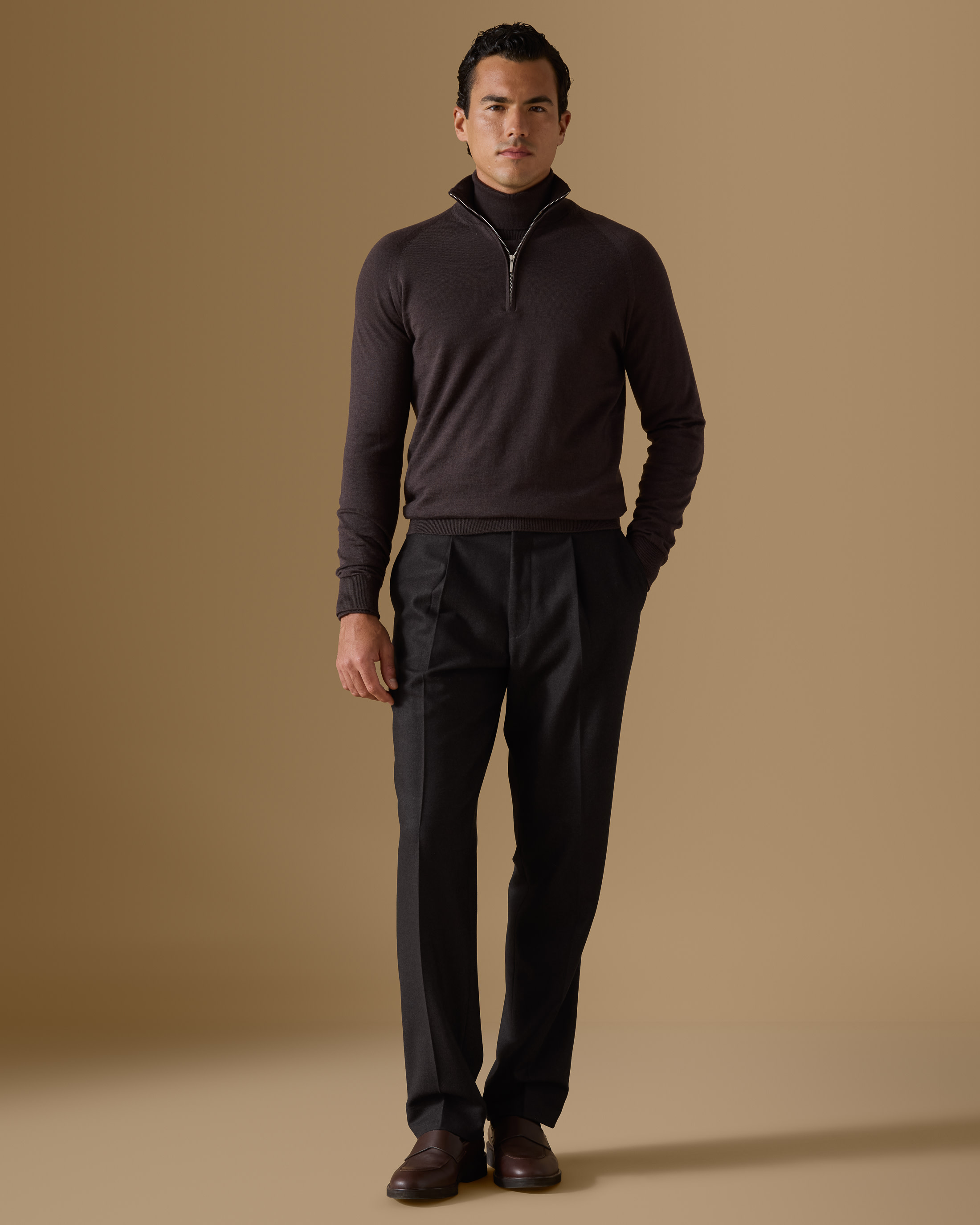 Dark-Brown-Extra-Fine-Merino-Half-Zip-Knit-MKC1195-custom-knitwear, view 1 - Atelier Munro
