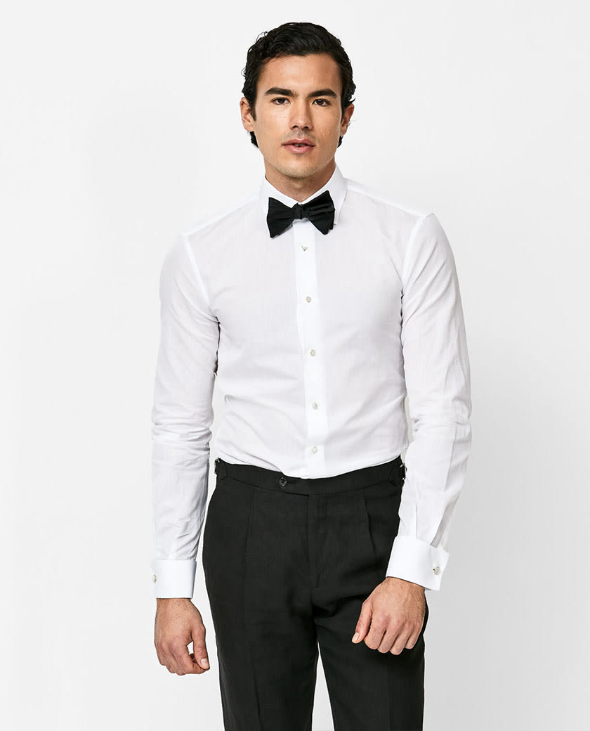 White Cotton-Linen Tuxedo Shirt
