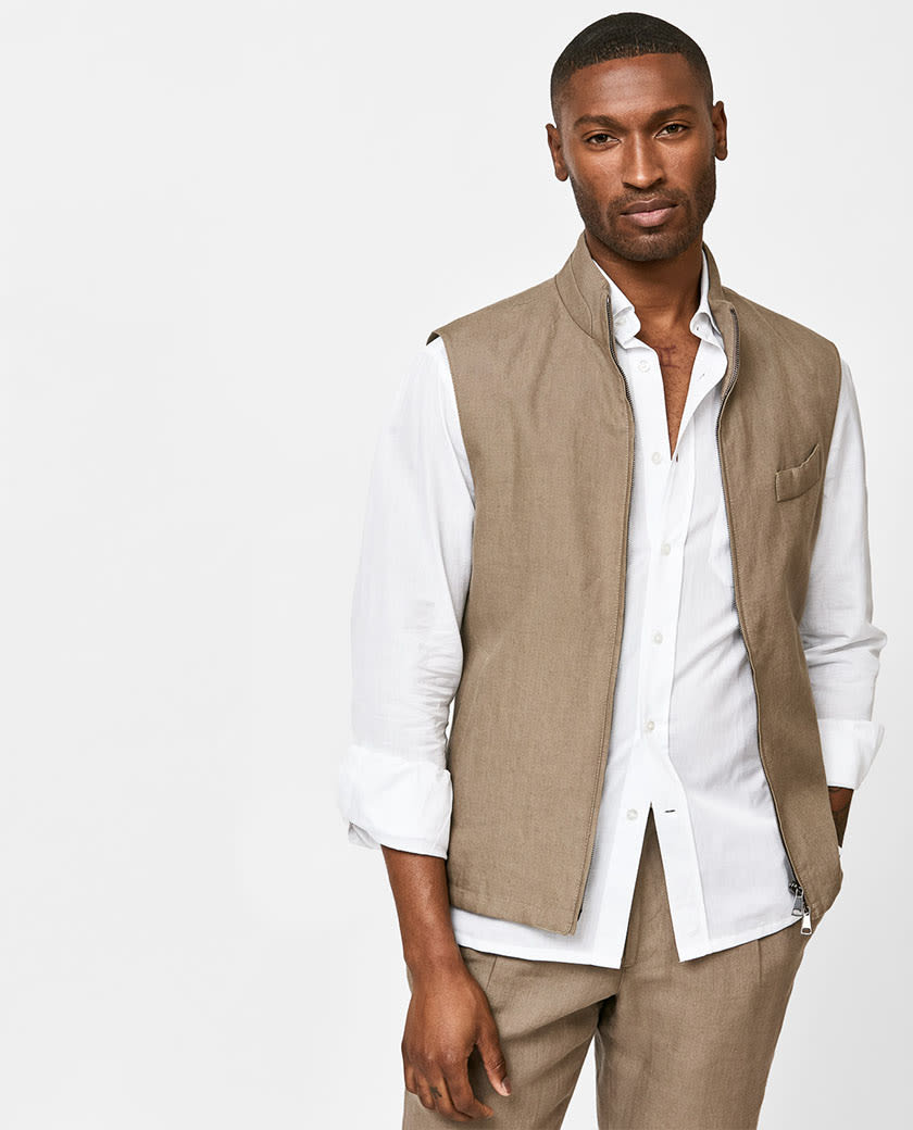 Taupe Linen Two-Way Zip Vest