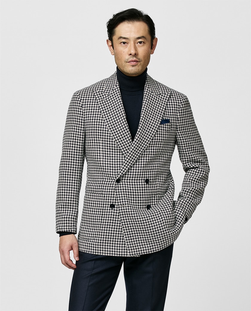 Midnight Blue Wool-Alpaca-Silk Houndstooth Jacket