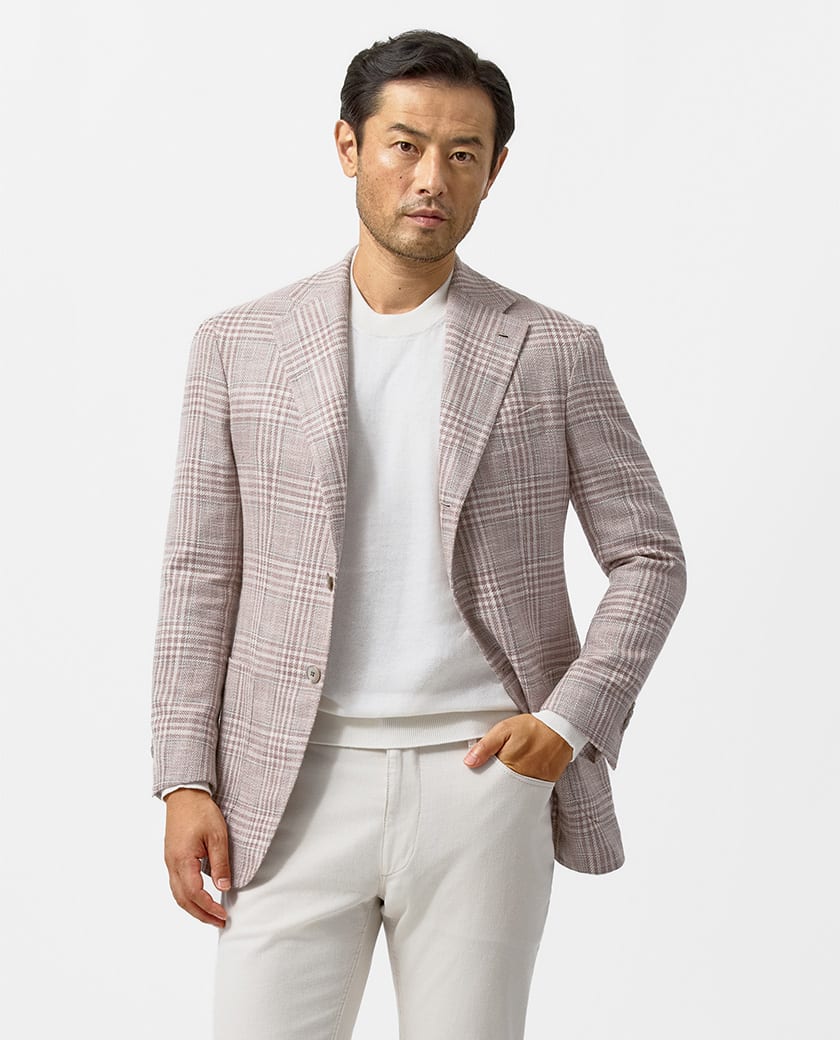 Light Pink Wool-Cotton-Silk-Linen Glen Plaid Jacket