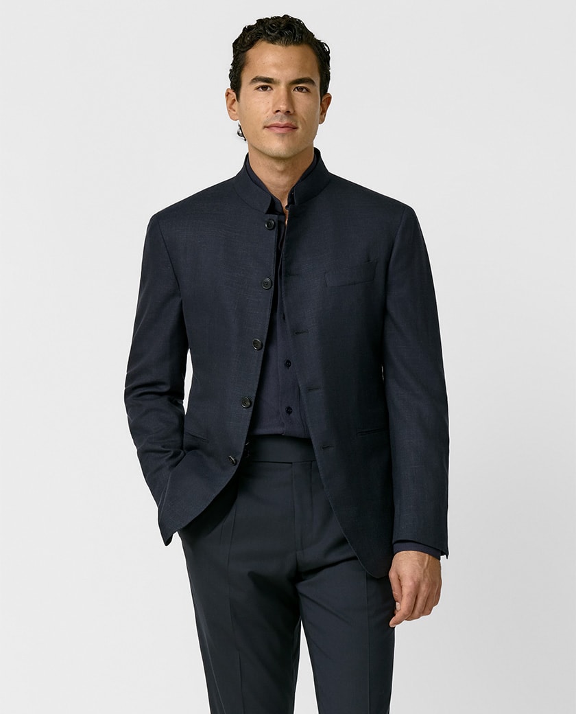 Midnight Stretch Wool-Silk-Linen Nehru Jacket