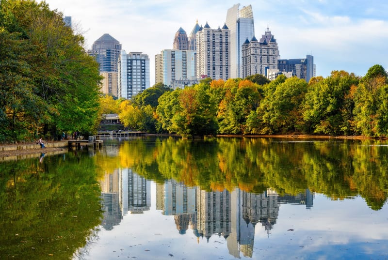 Lake Clara Meer in fall at Piedmont Park in Midtown Atlanta.