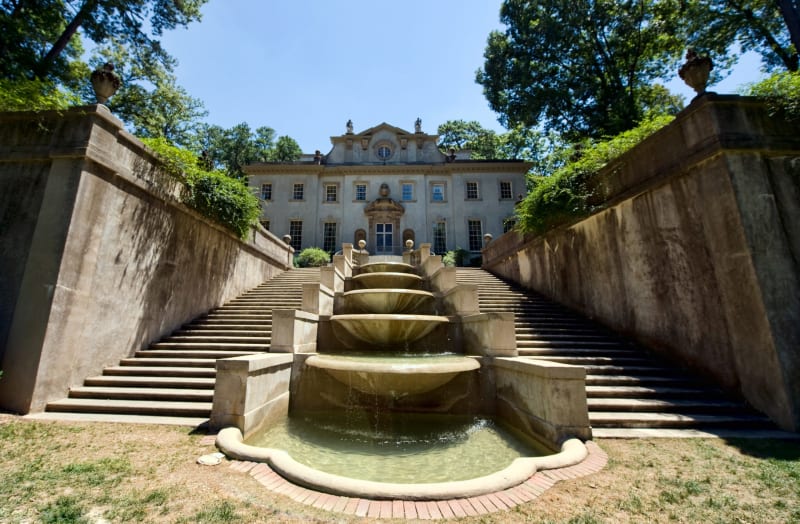 The stairs and fountain behind the Swan House at Atlanta History Center.