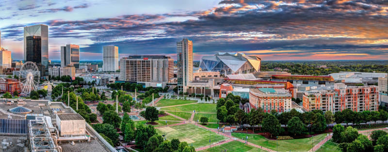 Aerial view of downtown Atlanta overlooking Centennial Olympic Park