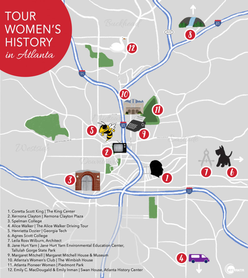 Illustrated map of locations throughout Atlanta honoring women's history and impact