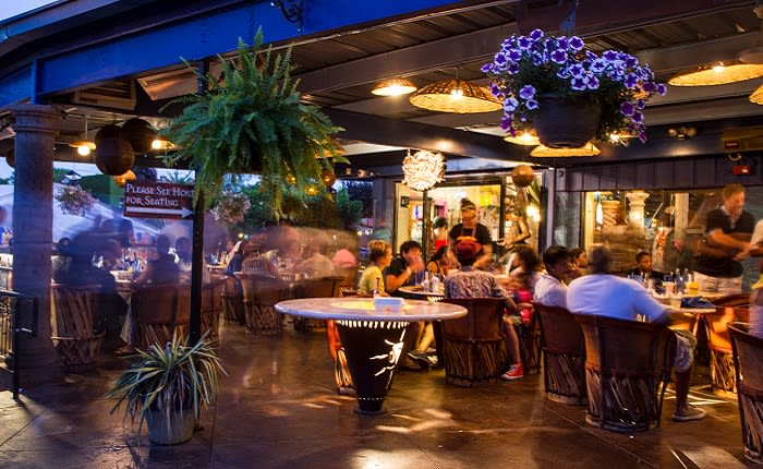 Outdoor restaurant patio with hanging plants, colorful flowers, and people dining at tables in Atlanta, Georgia.