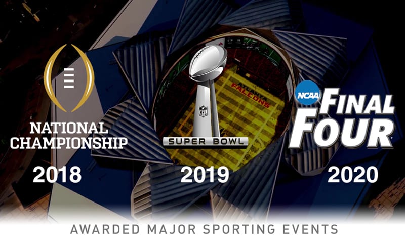 A promotional graphic for NCAA Final Four basketball and NFL Super Bowl football championships in Atlanta, Georgia.