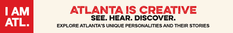 A red and white banner promoting Atlanta's creativity and unique personalities in Atlanta, Georgia.
