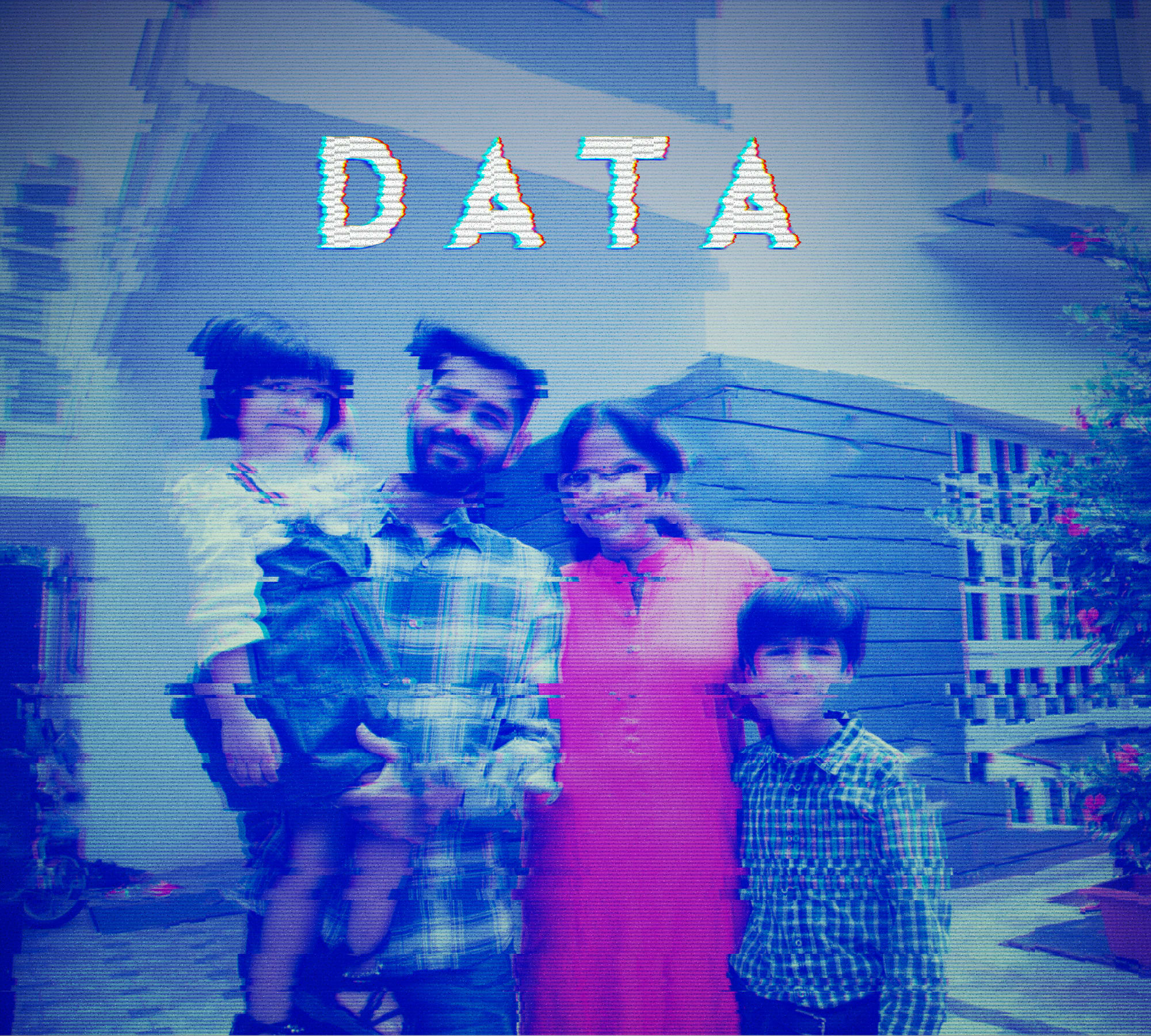 A family of four stands together in front of a building with a pixelated, retro-futuristic effect in Atlanta, Georgia.
