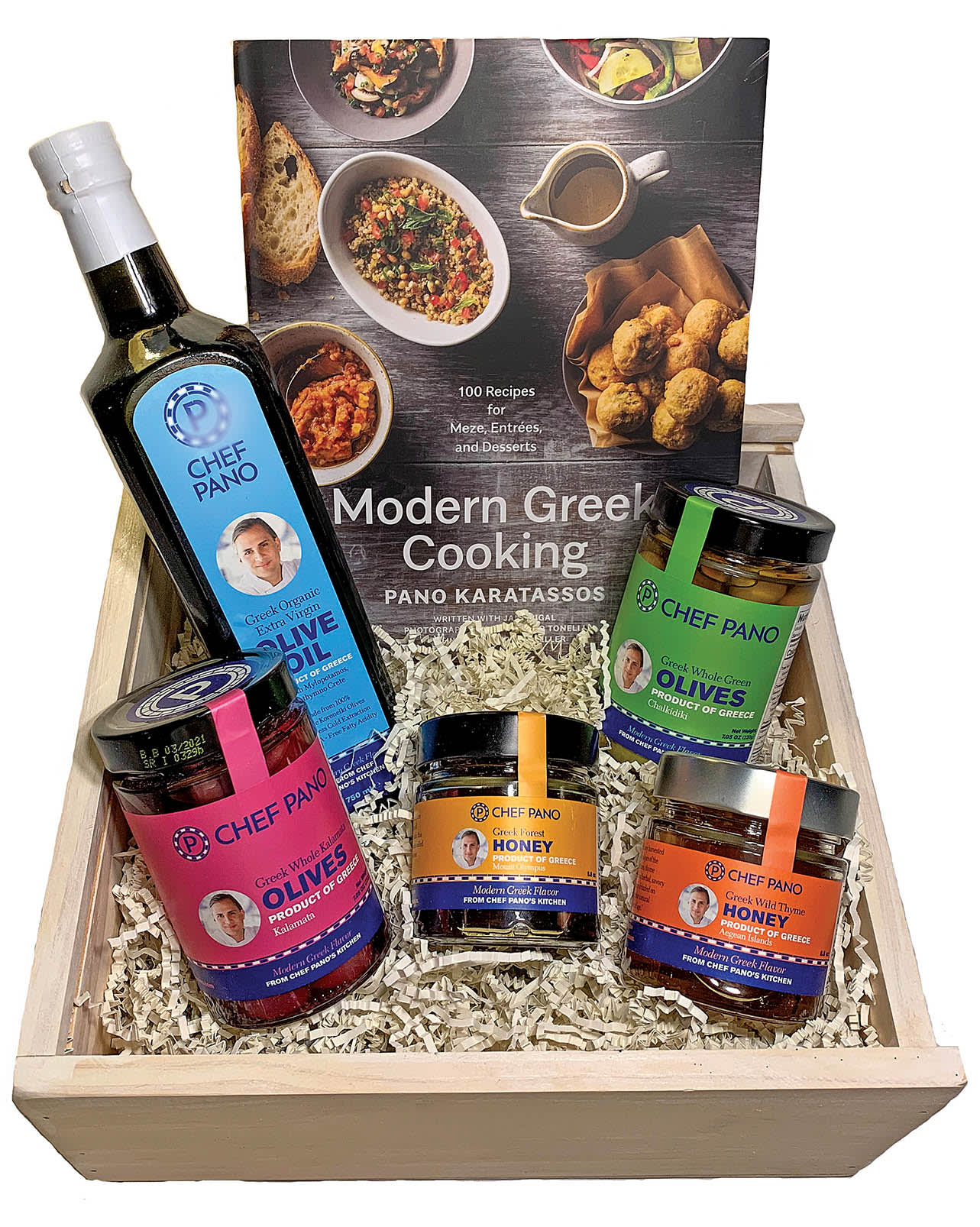 Gift basket with Greek cooking ingredients and cookbook in Atlanta, Georgia.