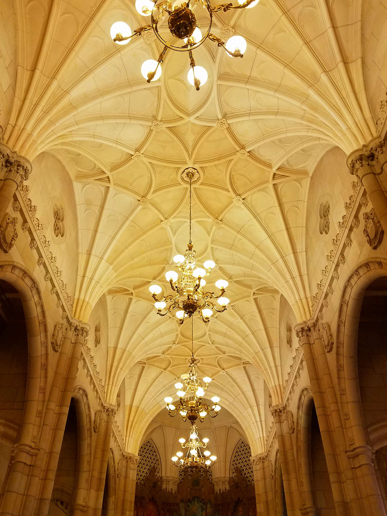 Intricate vaulted ceiling with ornate chandeliers in a grand, historic building in Atlanta, Georgia.
