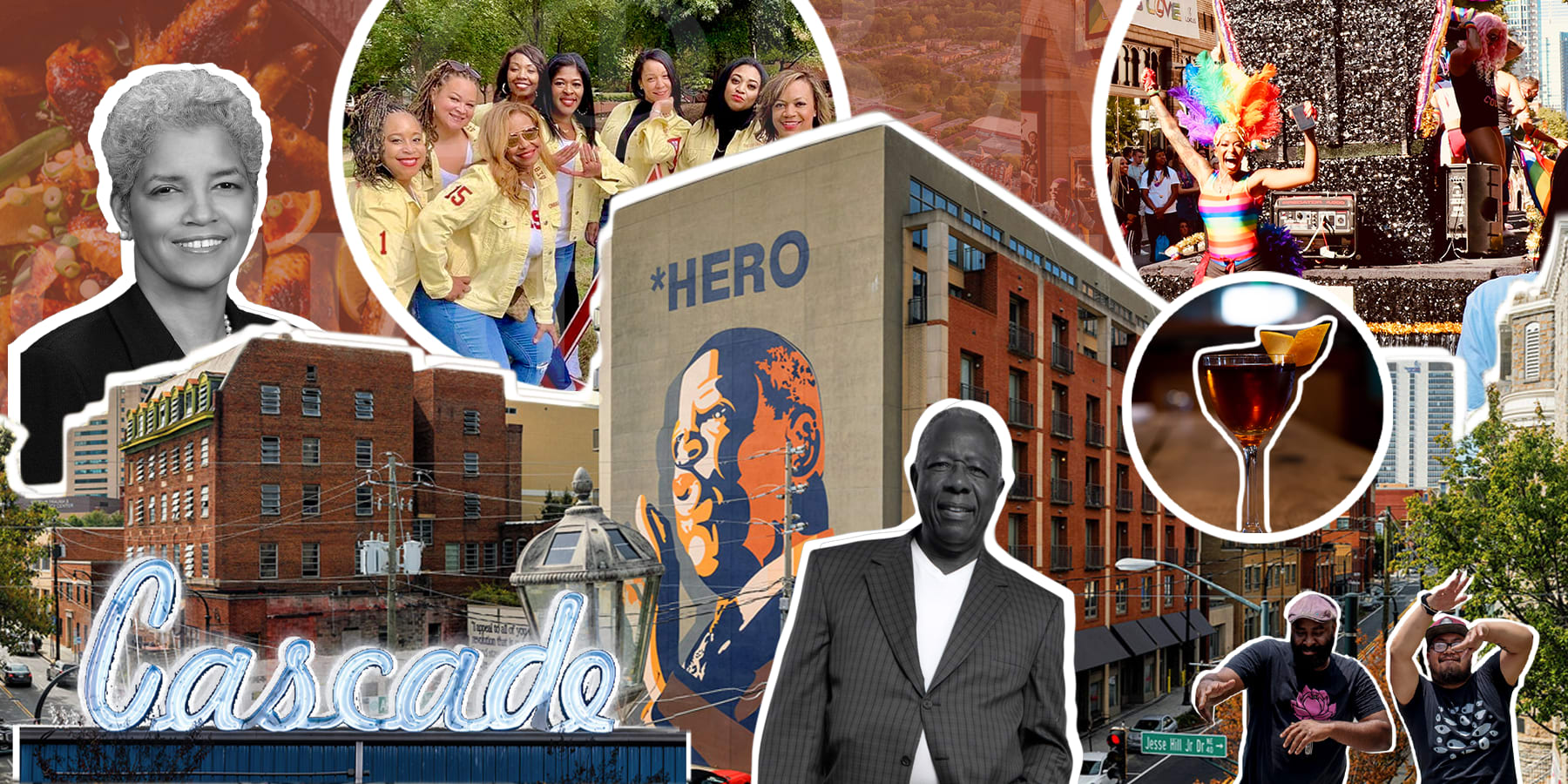 A vibrant collage featuring diverse people, buildings, and events in a cityscape in Atlanta, Georgia.