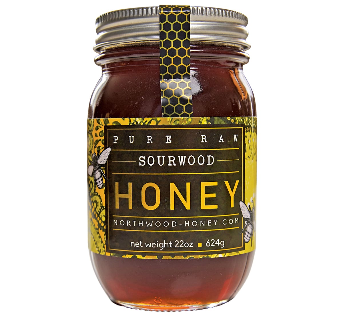 A glass jar filled with dark honey, labeled 'Pure Raw Sourwood Honey' with a bee design in Atlanta, Georgia.