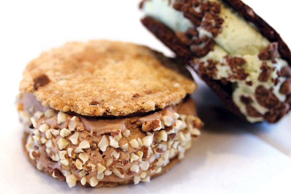 Two ice cream sandwiches with chocolate and cookie dough flavors, topped with nuts in Atlanta, Georgia.
