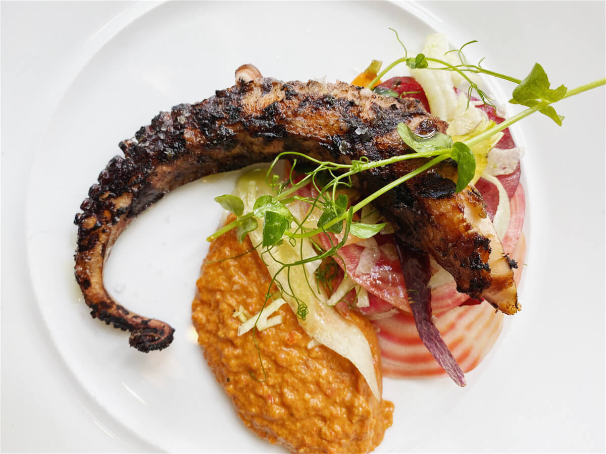 Grilled octopus tentacle with charred skin, served on a bed of orange puree and thinly sliced vegetables in Atlanta, Georgia.