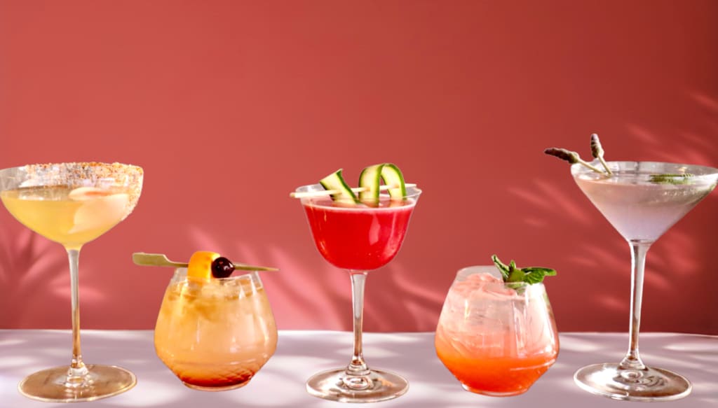 Five colorful cocktails in different glasses on a table against a red background in Atlanta, Georgia.