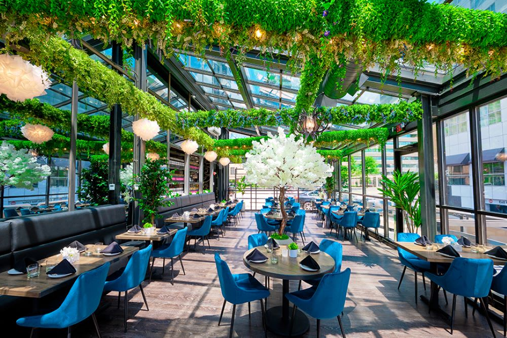 A modern restaurant with a glass roof, blue chairs, and hanging greenery in Atlanta, Georgia.