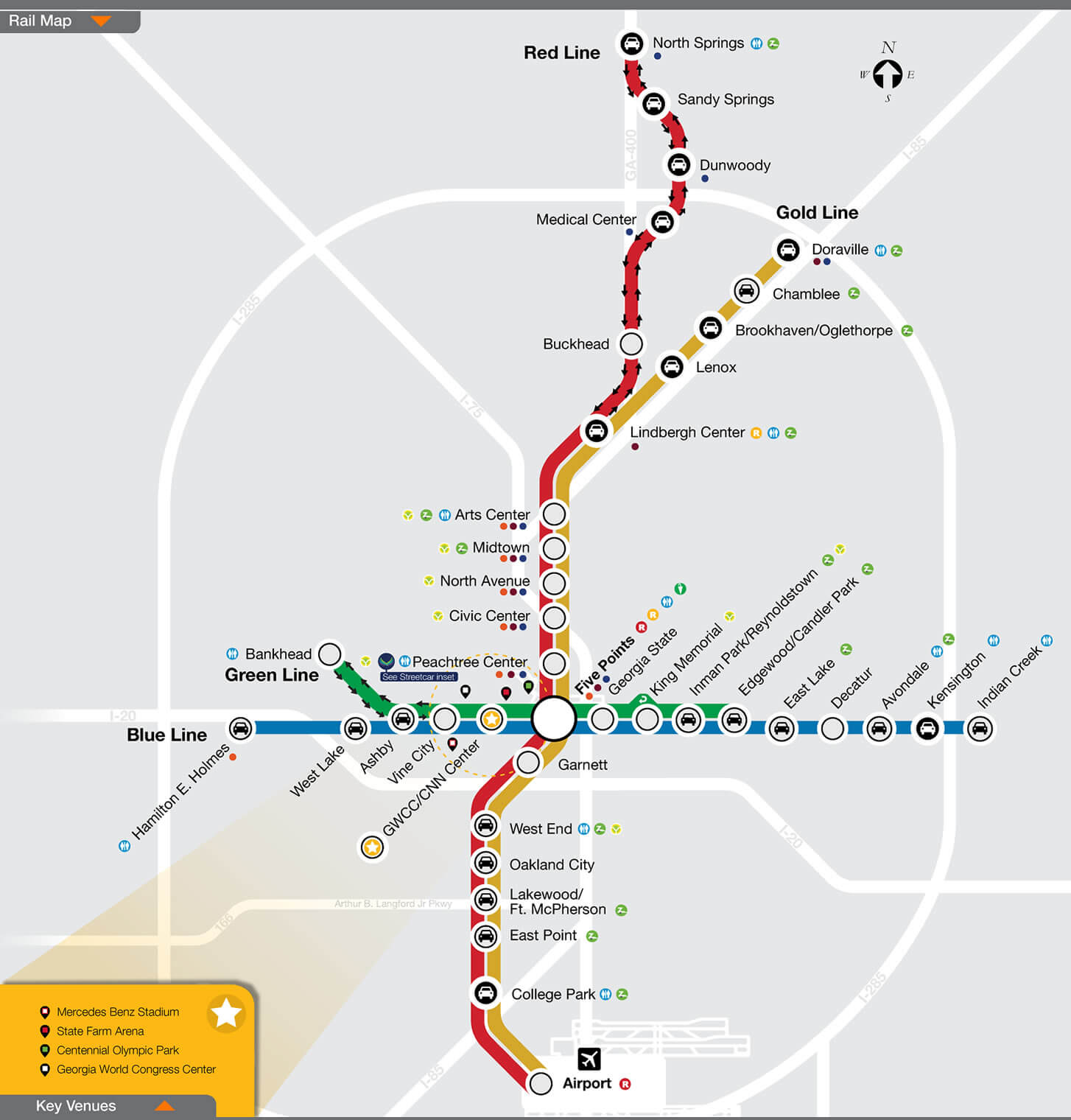 Guía para explorar Atlanta en los trenes MARTA 2 A detailed map of a public transit system with multiple color-coded lines and station markers in Atlanta, Georgia.