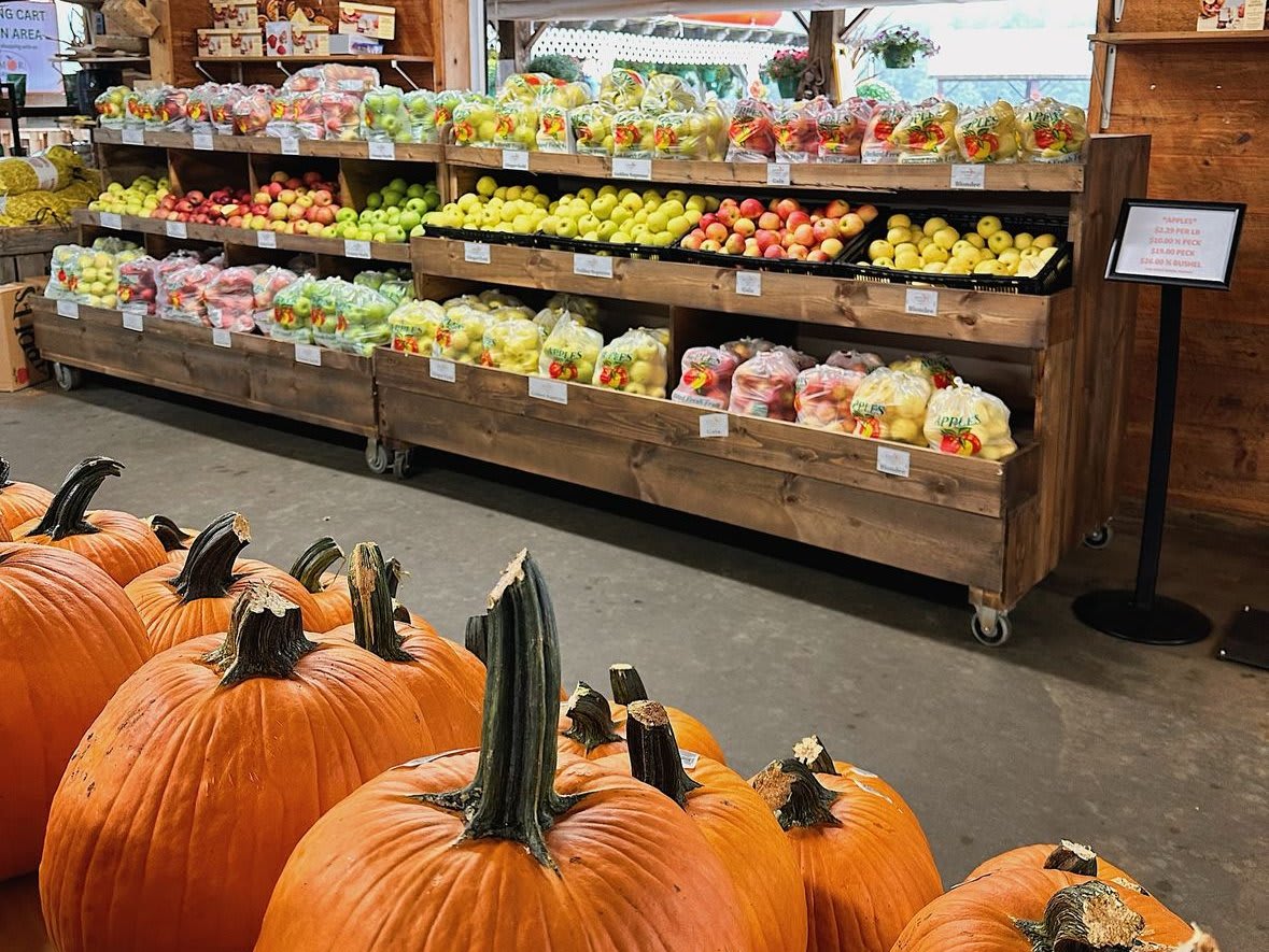 A farmers market display features a variety of colorful fruits and vegetables, including pumpkins and apples in Atlanta, Georgia.