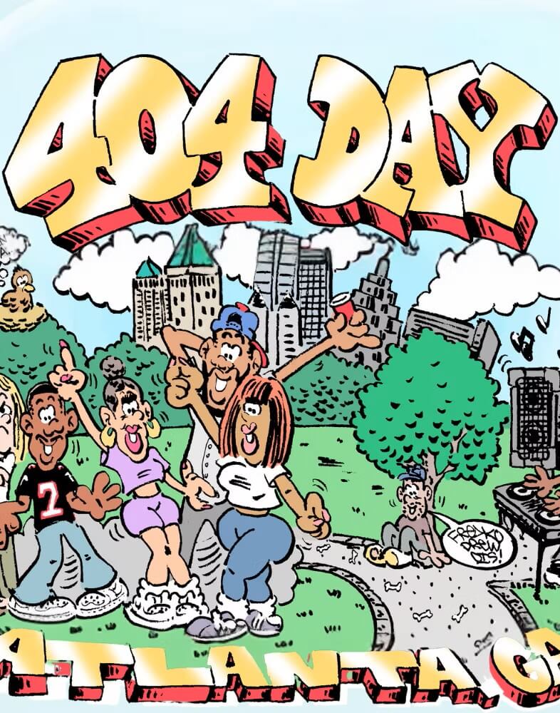 A vibrant cartoon illustration of a diverse group of people celebrating in an urban park setting in Atlanta, Georgia.