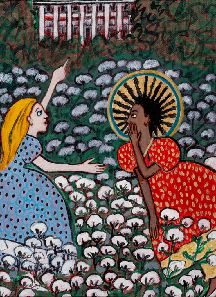 Guía para el mejor otoño en Atlanta 1 Two women in colorful dresses stand in a field of cotton, one pointing upwards in Atlanta, Georgia.