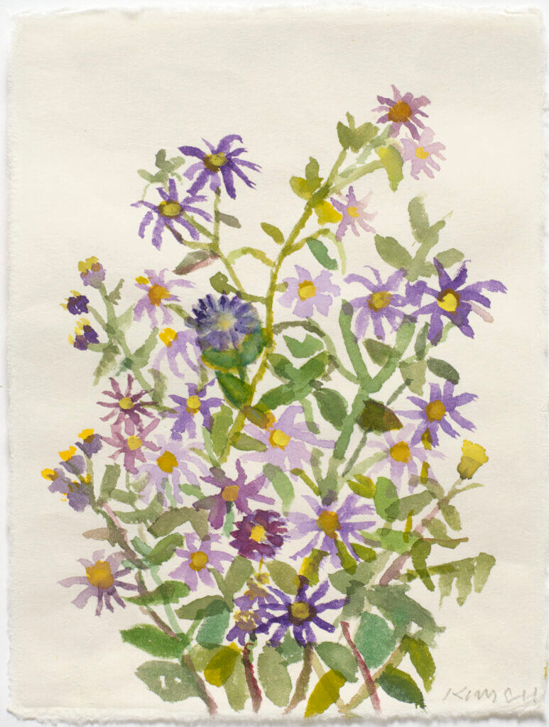 A vibrant watercolor painting of a bouquet of purple and yellow flowers with green leaves in Atlanta, Georgia.