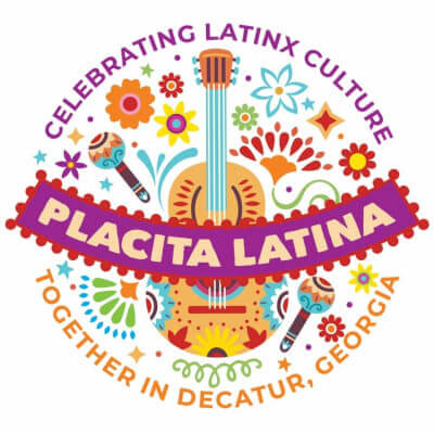 Ultimate Guide to Hispanic Heritage Month in Atlanta 1 Colorful logo for Placita Latina festival featuring a guitar and vibrant floral designs in Atlanta, Georgia.