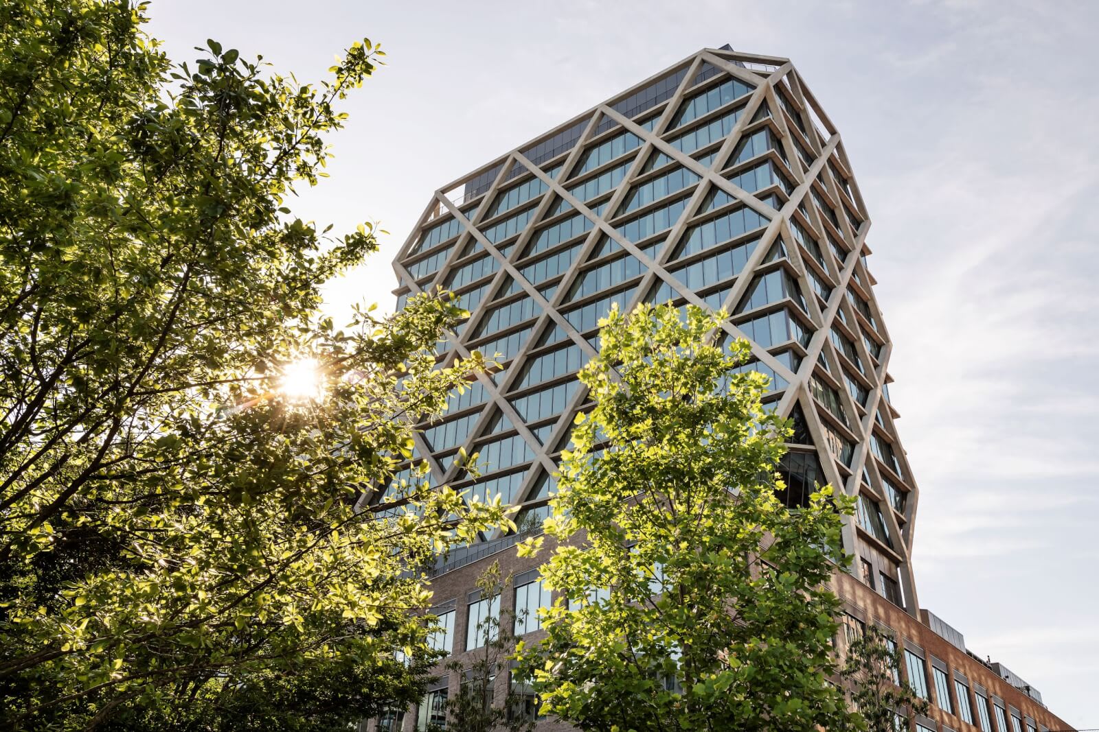 A modern glass skyscraper with a geometric facade is partially obscured by lush green trees in Atlanta, Georgia.