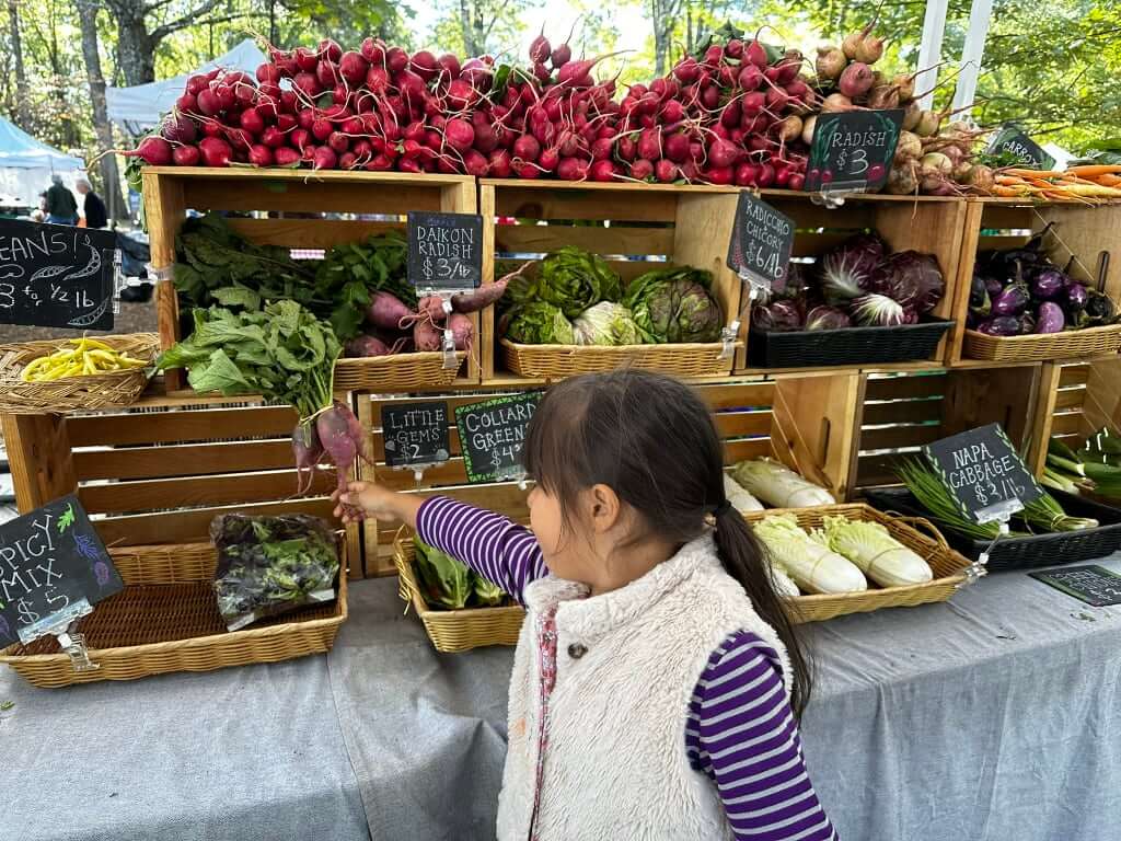 A young girl reaches for fresh produce at an outdoor farmers market stand in Atlanta, Georgia.